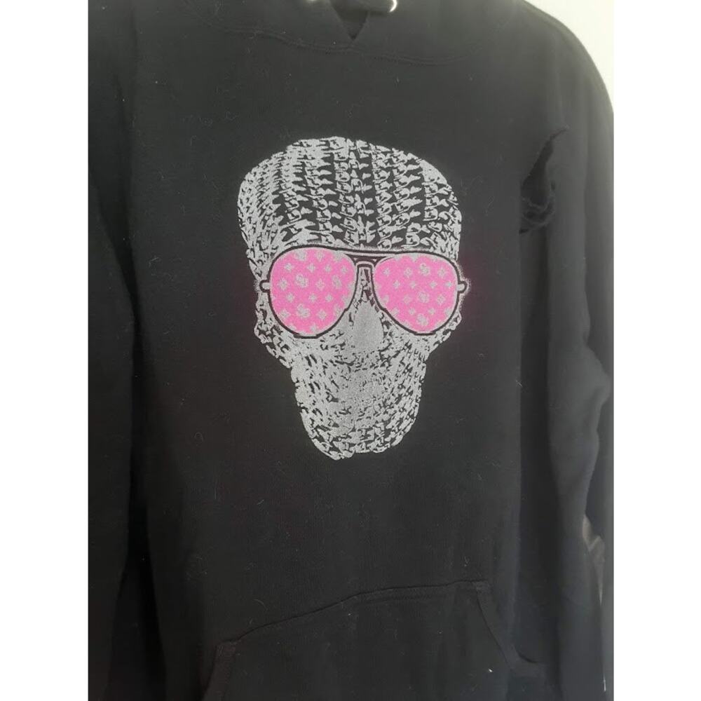 Chelsey Blake by Holly Green Skull Hoodie Black Pink Glasses Distressed Women M